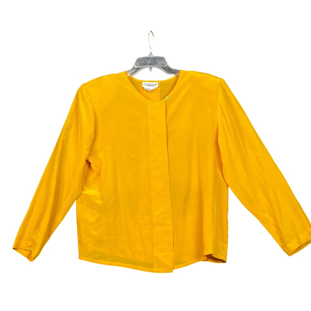 Cassant Silk Blouse Women 10 Yellow Long Sleeve Hidden Button Professional Top